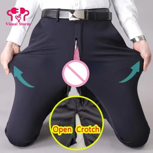 Men Open Crotch Sexy Suit Pants Slim Hidden Zippers